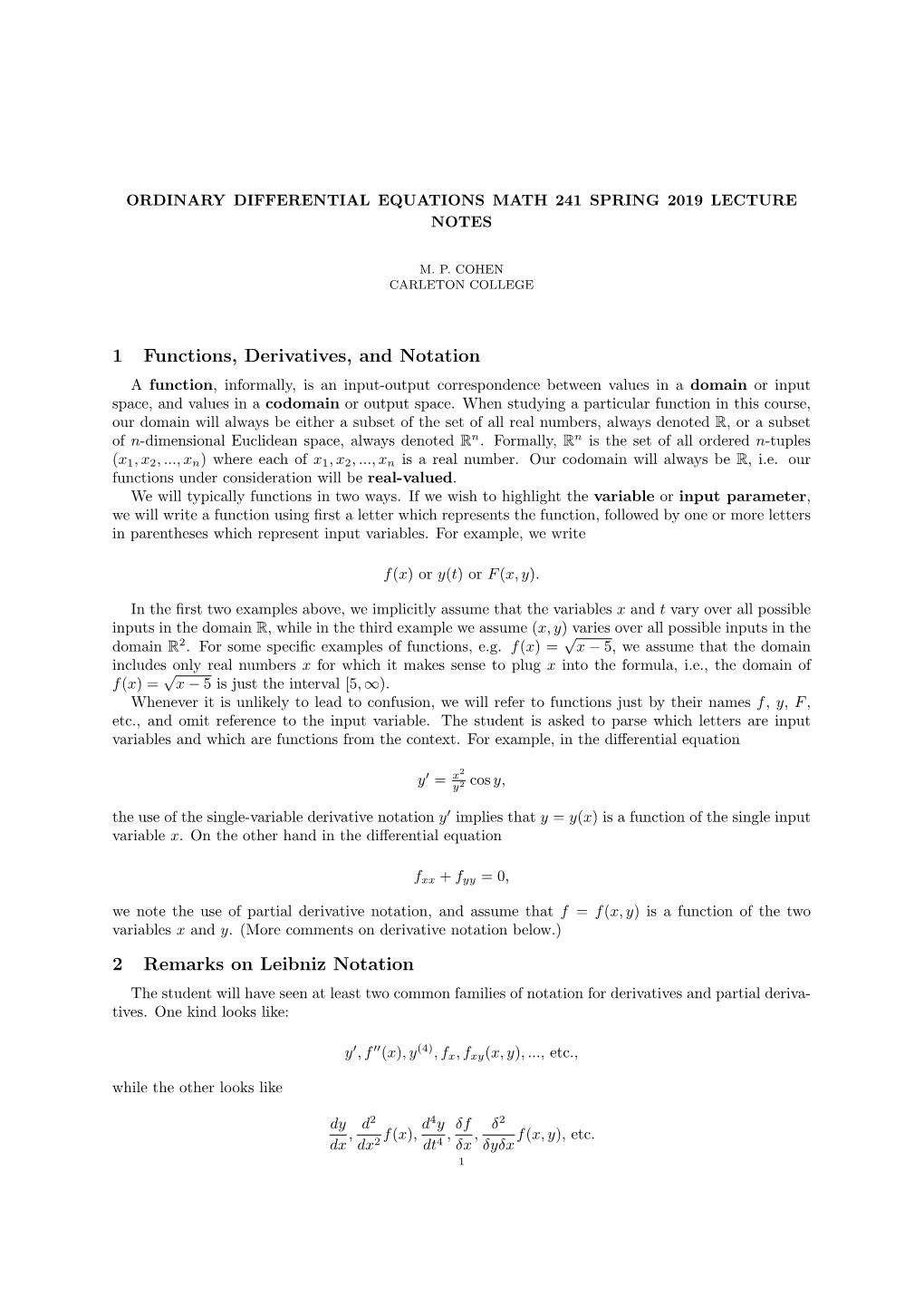 1 Functions, Derivatives, and Notation 2 Remarks on Leibniz Notation