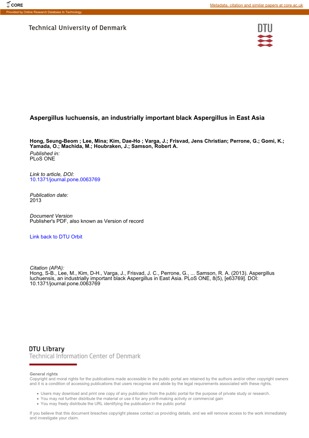 Aspergillus Luchuensis, an Industrially Important Black Aspergillus in East Asia