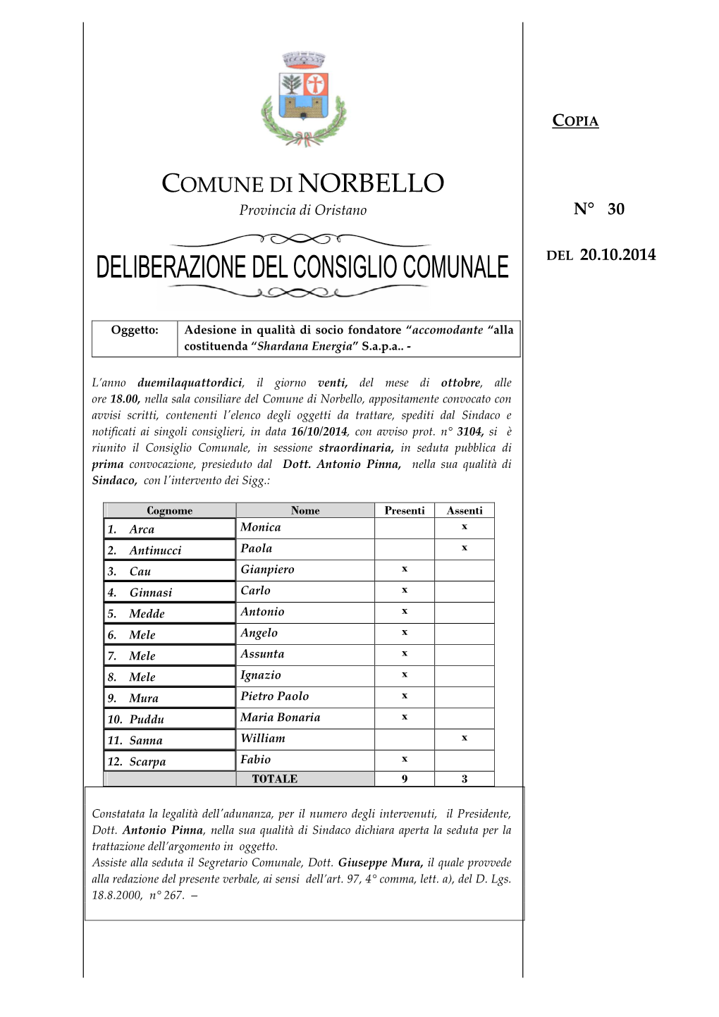 COMUNE DI NORBELLO Provincia Di Oristano N° 30