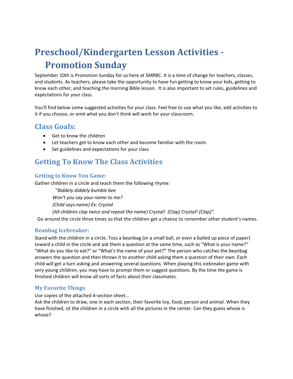 Preschool/Kindergarten Lesson Activities - Promotion Sunday