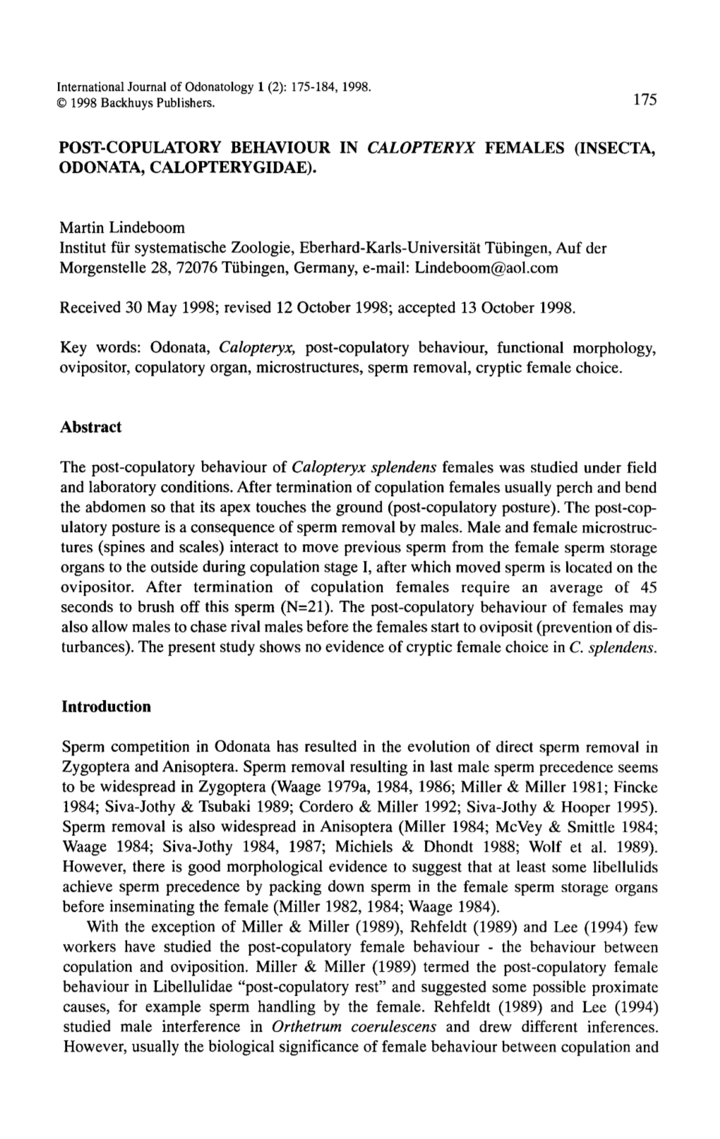 175 Post-Copulatory Behaviour in Calopteryx