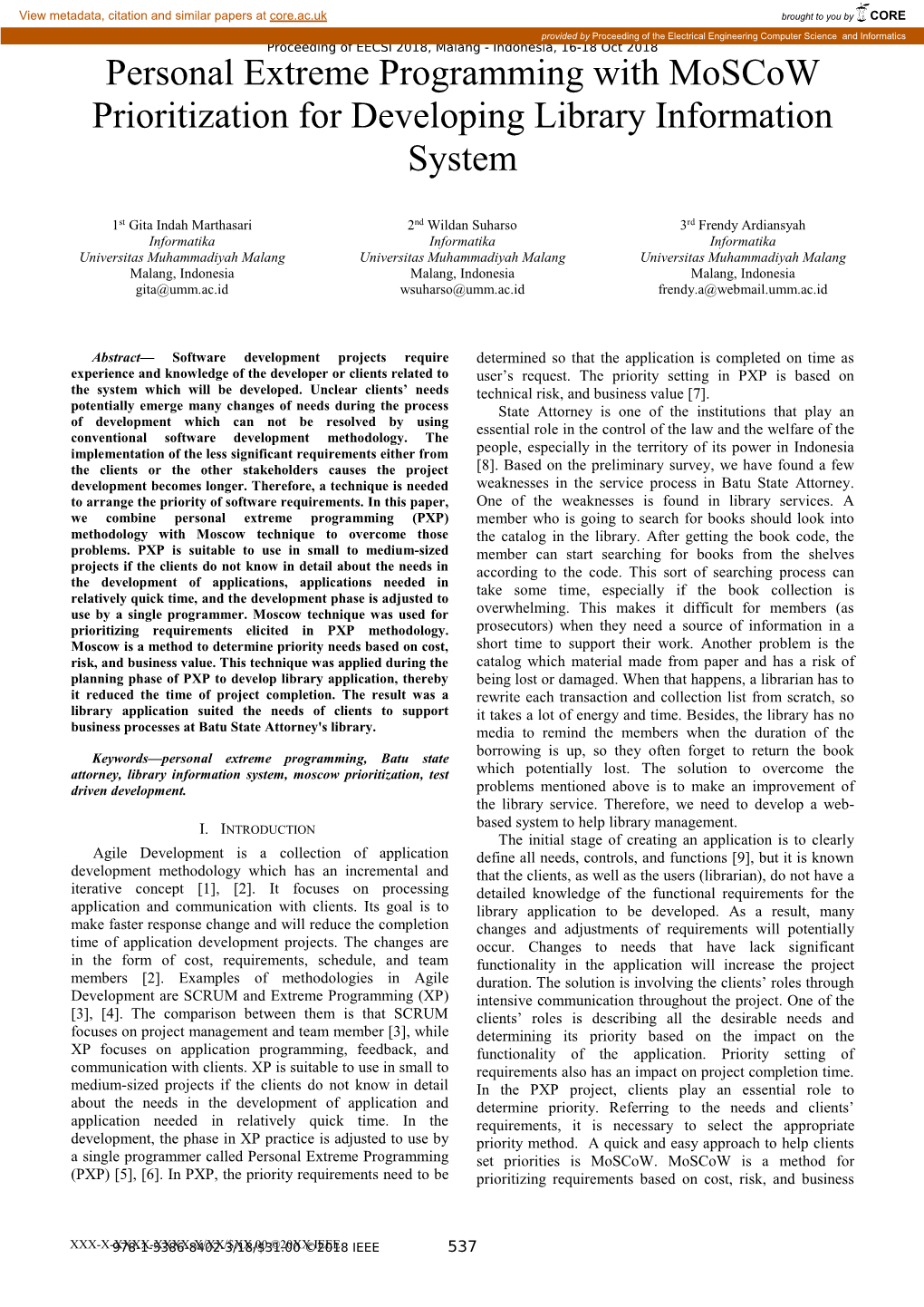 Personal Extreme Programming with Moscow Prioritization for Developing Library Information System