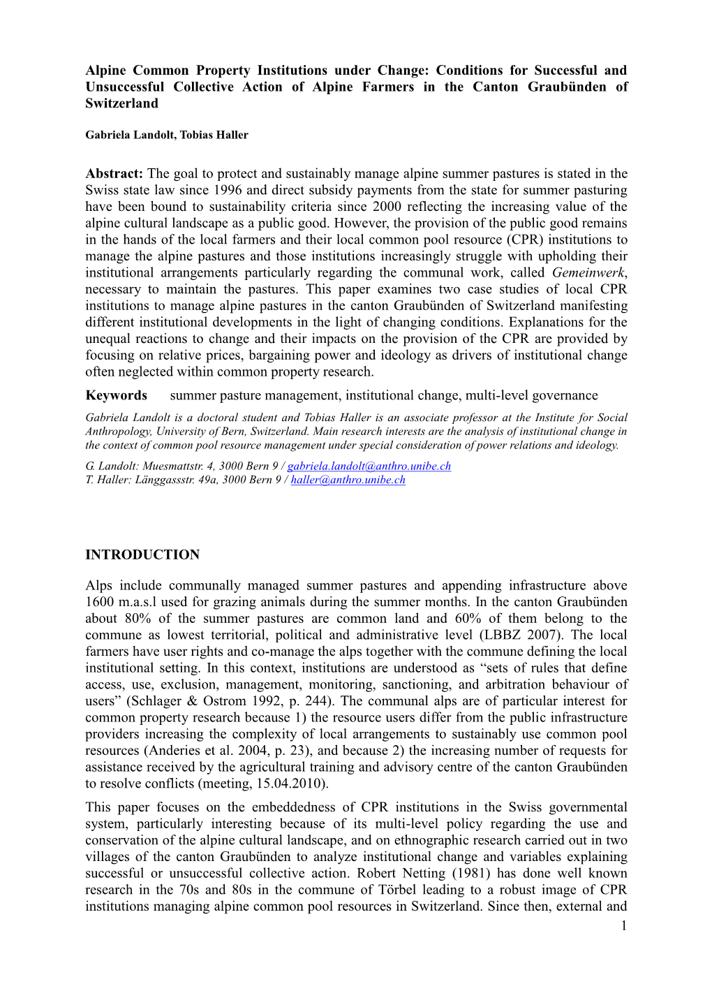 Alpine Common Property Institutions Under Change