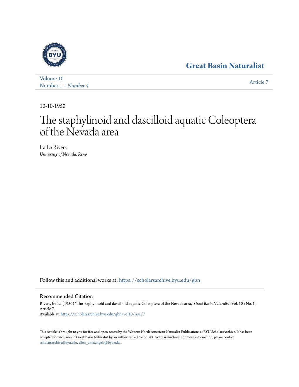 The Staphylinoid and Dascilloid Aquatic Coleoptera of the Nevada Area