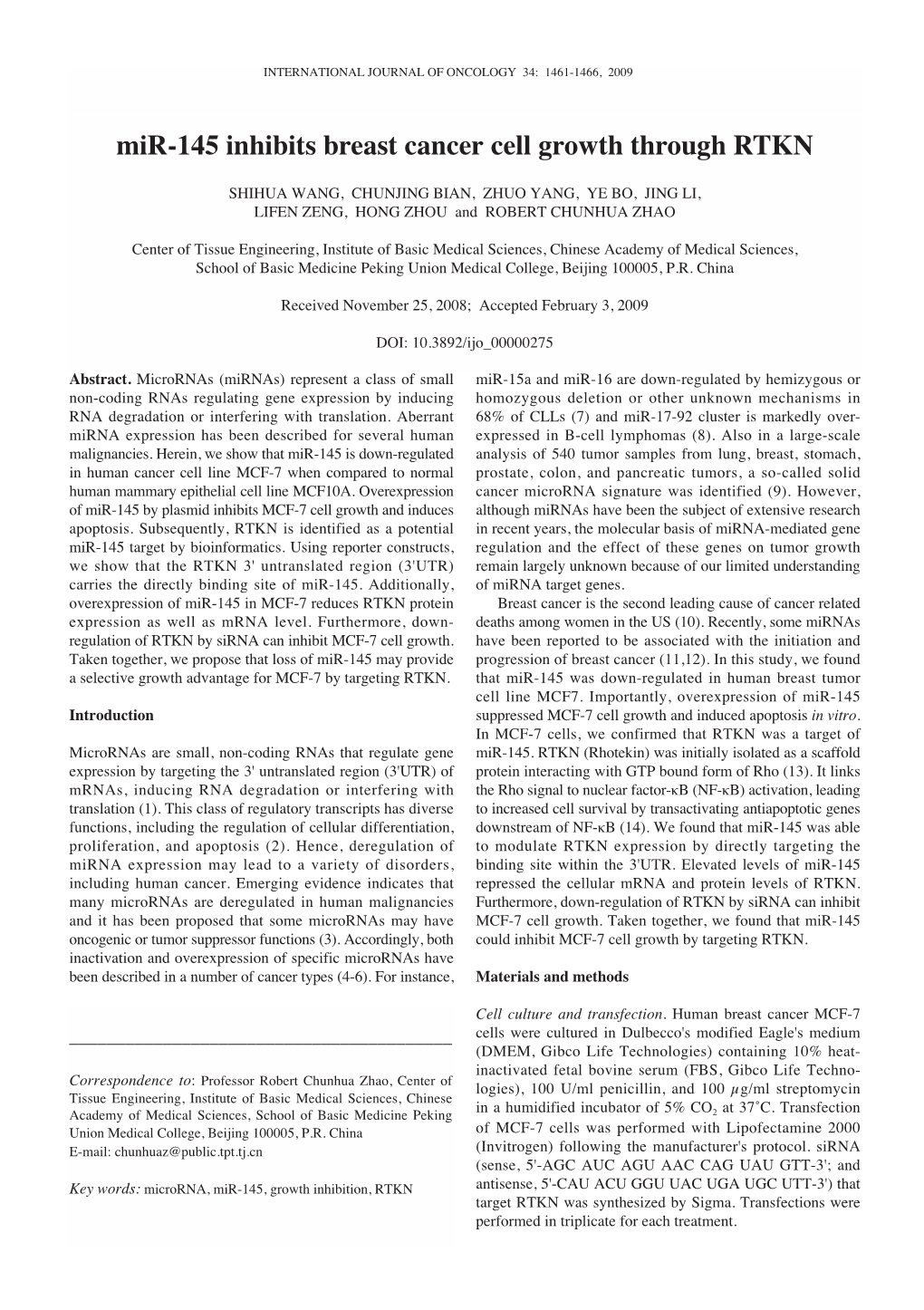 Mir-145 Inhibits Breast Cancer Cell Growth Through RTKN