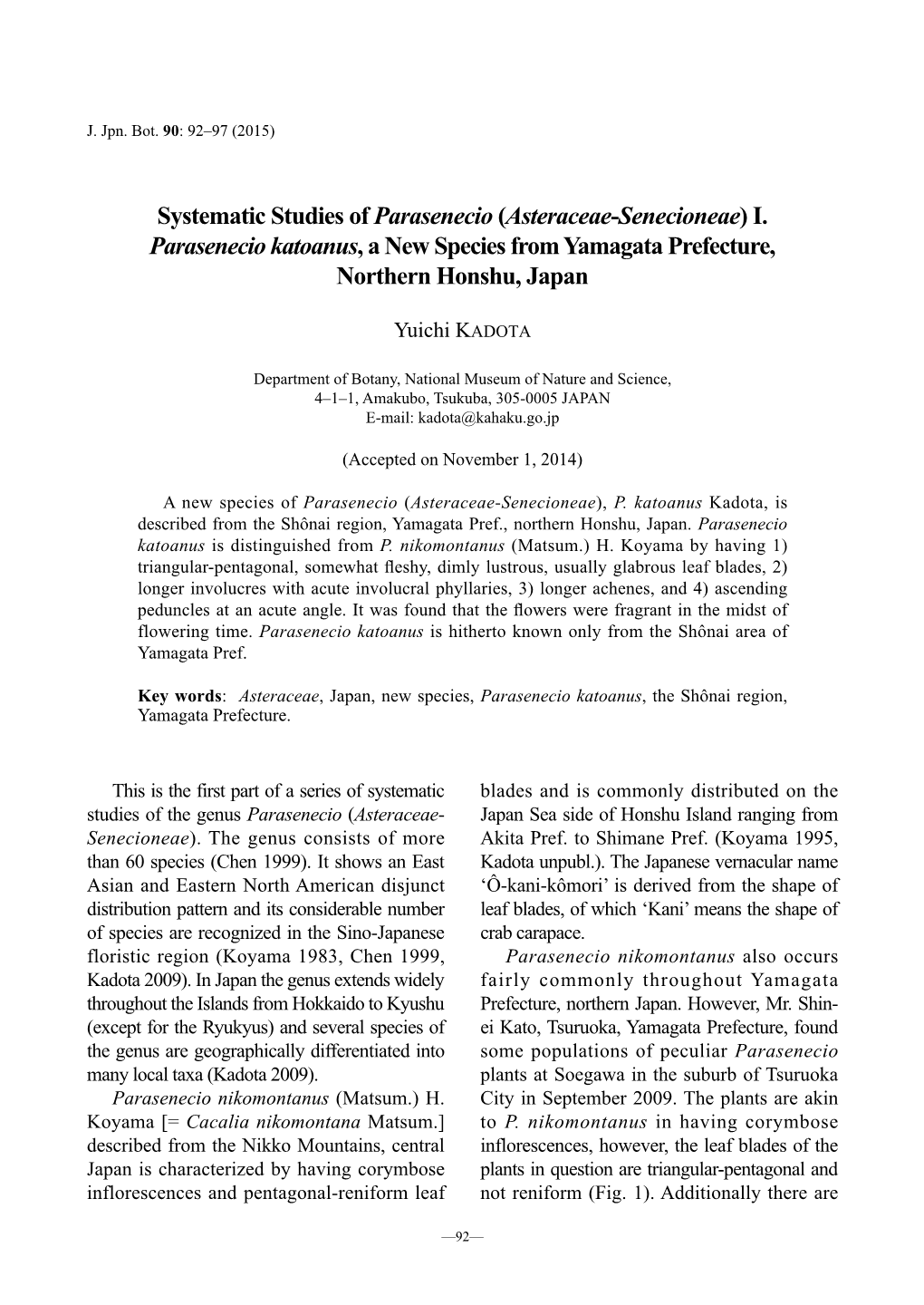 Systematic Studies of Parasenecio (Asteraceae-Senecioneae) I