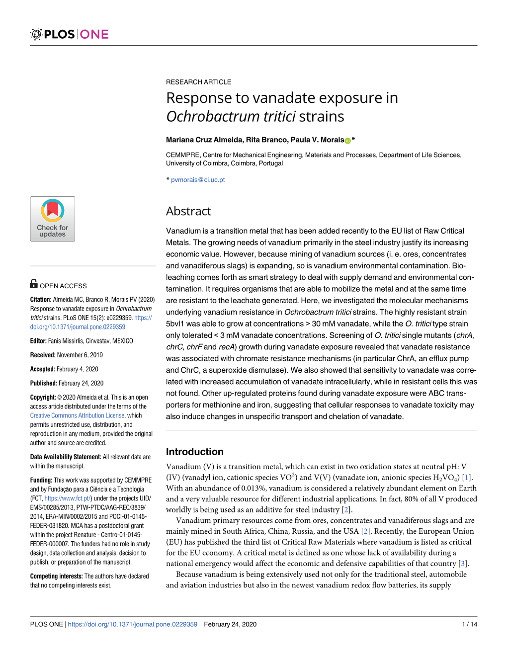 Response to Vanadate Exposure in Ochrobactrum Tritici Strains