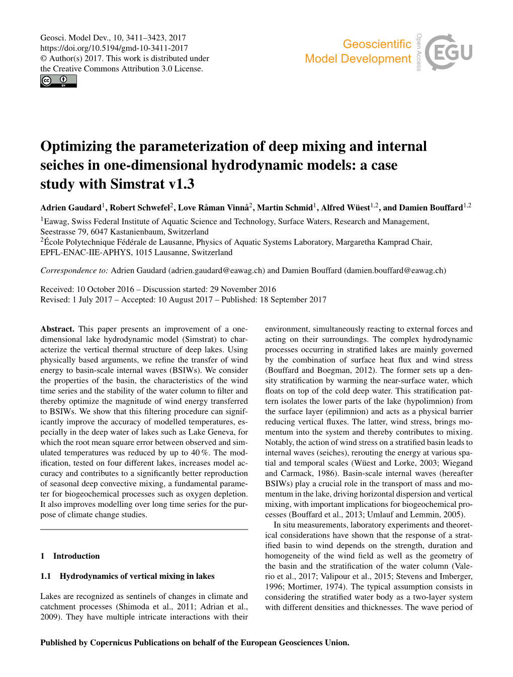 Optimizing the Parameterization of Deep Mixing and Internal Seiches in One-Dimensional Hydrodynamic Models: a Case Study with Simstrat V1.3
