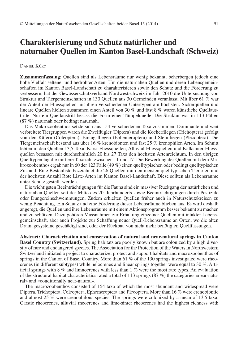 Charakterisierung Und Schutz Natürlicher Und Naturnaher Quellen Im Kanton Basel-Landschaft (Schweiz)