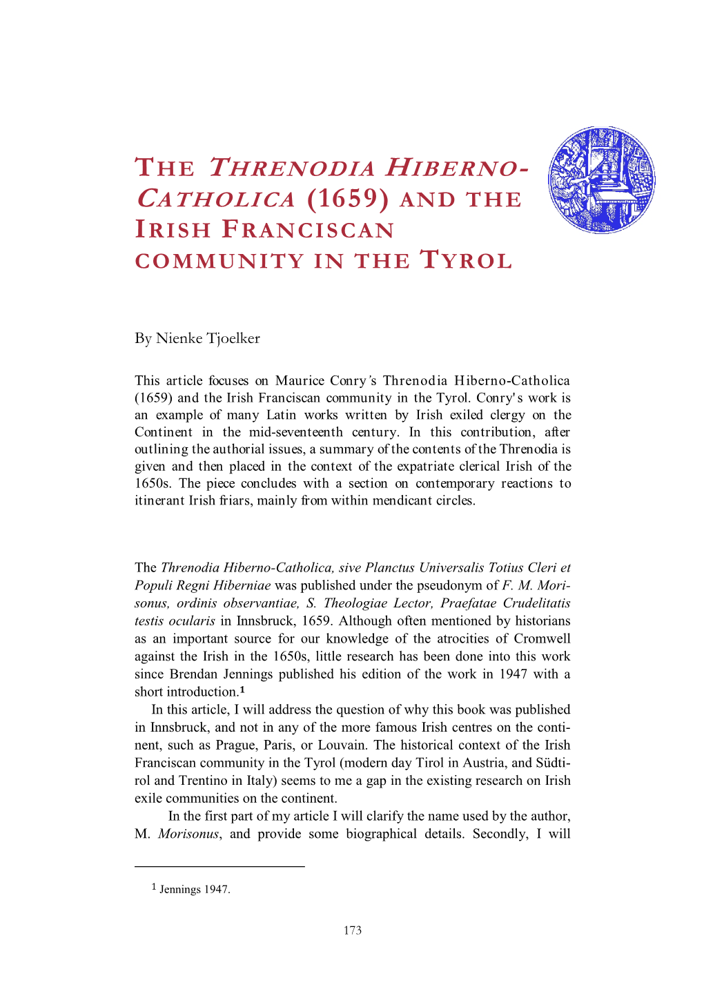 The Threnodia Hiberno-Catholica (1659) and the Irish Franciscan