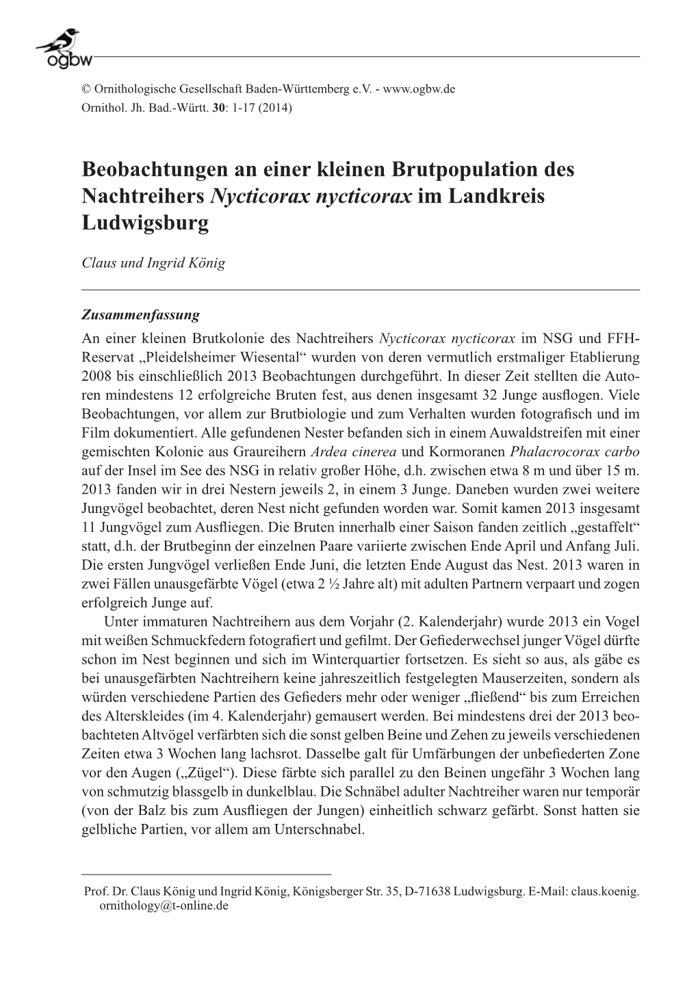 Beobachtungen an Einer Kleinen Brutpopulation Des Nachtreihers Nycticorax Nycticorax Im Landkreis Ludwigsburg