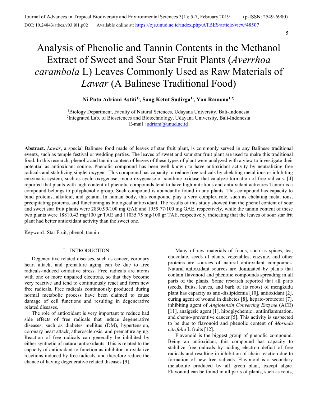 Analysis of Phenolic and Tannin Contents in the Methanol Extract Of