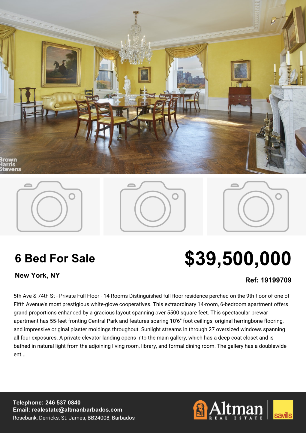 6 Bed for Sale $39,500,000 New York, NY Ref: 19199709