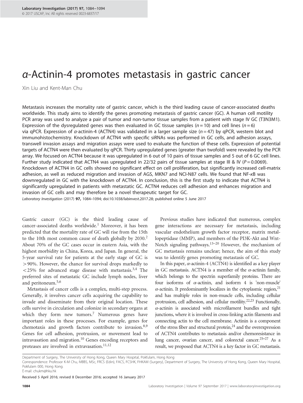 Alpha;-Actinin-4 Promotes Metastasis in Gastric Cancer
