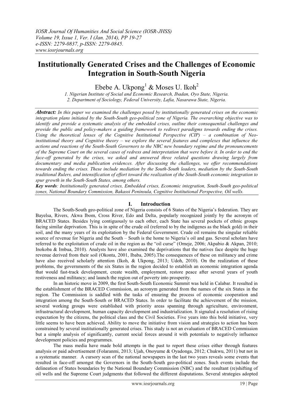 Institutionally Generated Crises and the Challenges of Economic Integration in South-South Nigeria