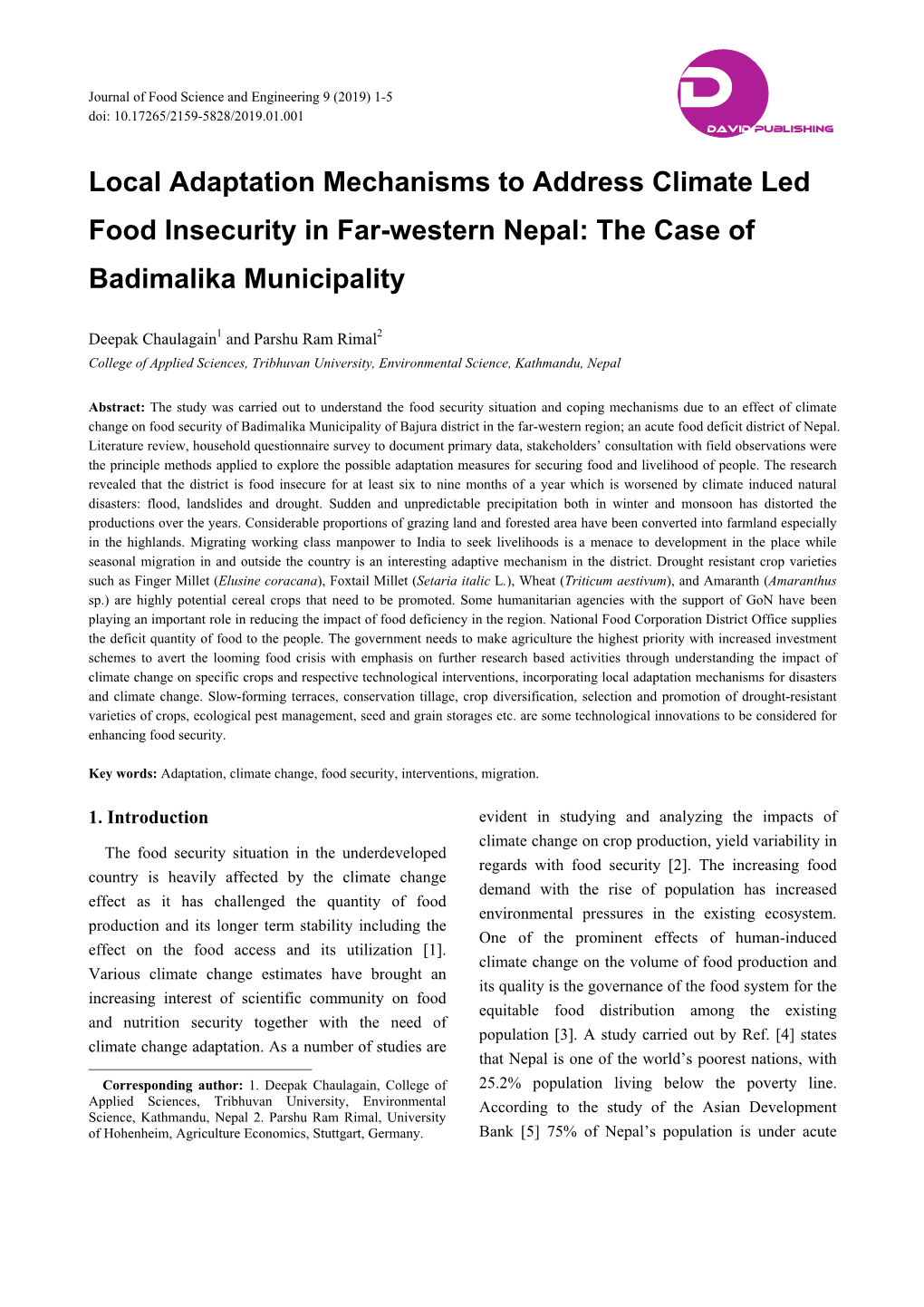 Local Adaptation Mechanisms to Address Climate Led Food Insecurity in Far-Western Nepal: the Case of Badimalika Municipality