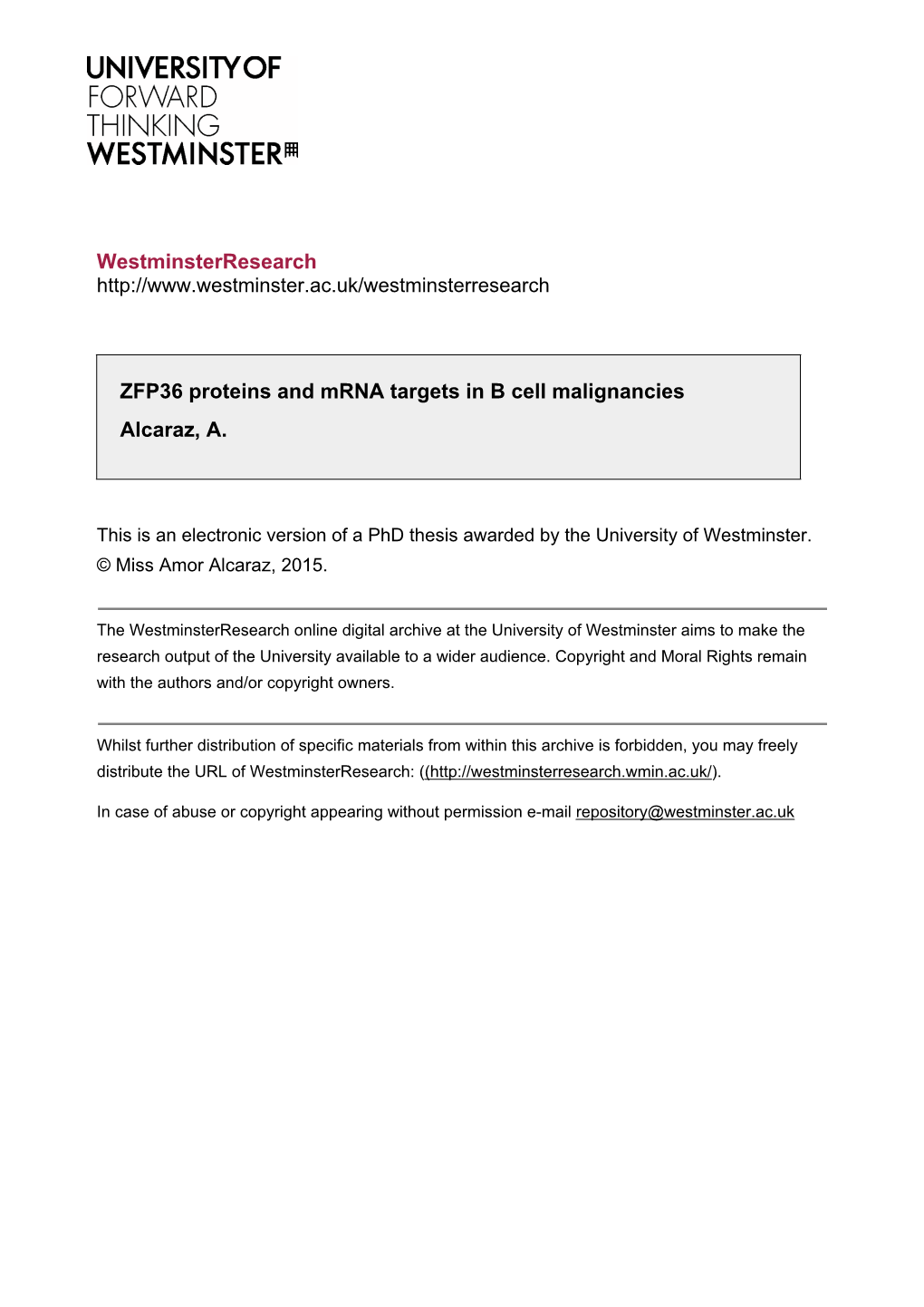 Westminsterresearch ZFP36 Proteins and Mrna Targets in B Cell