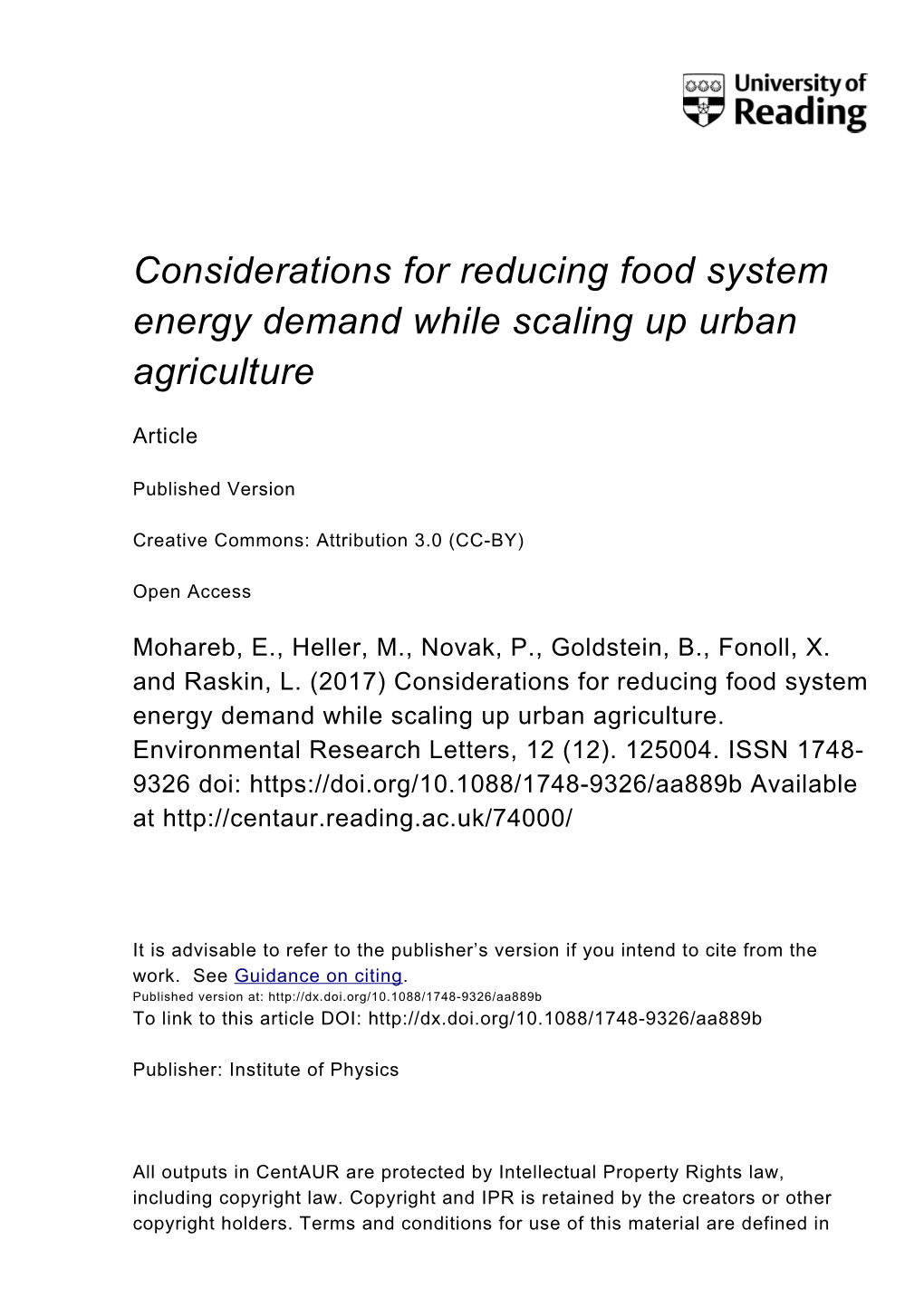 Considerations for Reducing Food System Energy Demand While Scaling up Urban Agriculture