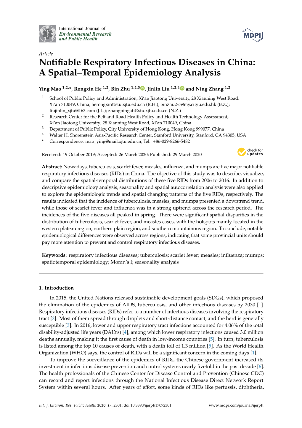 Notifiable Respiratory Infectious Diseases in China