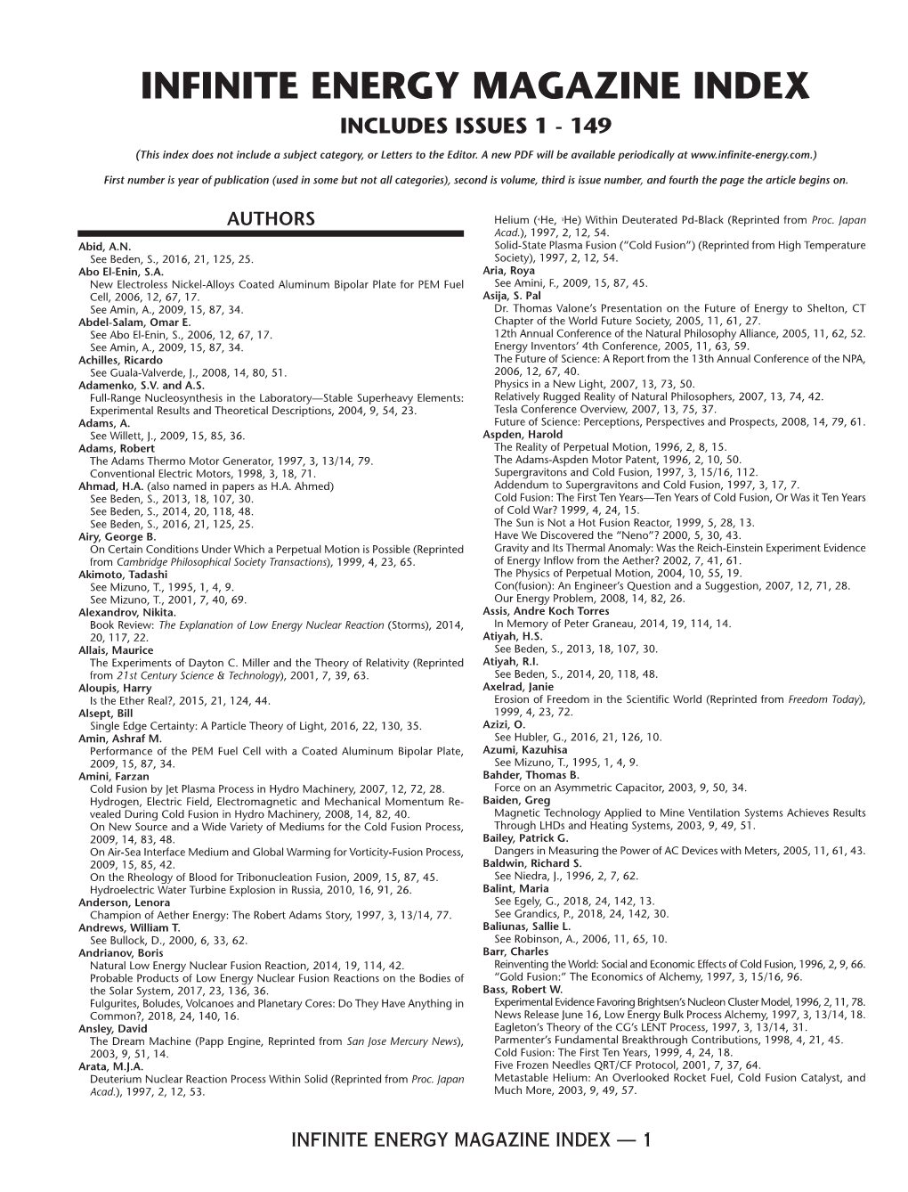 INFINITE ENERGY MAGAZINE INDEX INCLUDES ISSUES 1 - 149 (This Index Does Not Include a Subject Category, Or Letters to the Editor