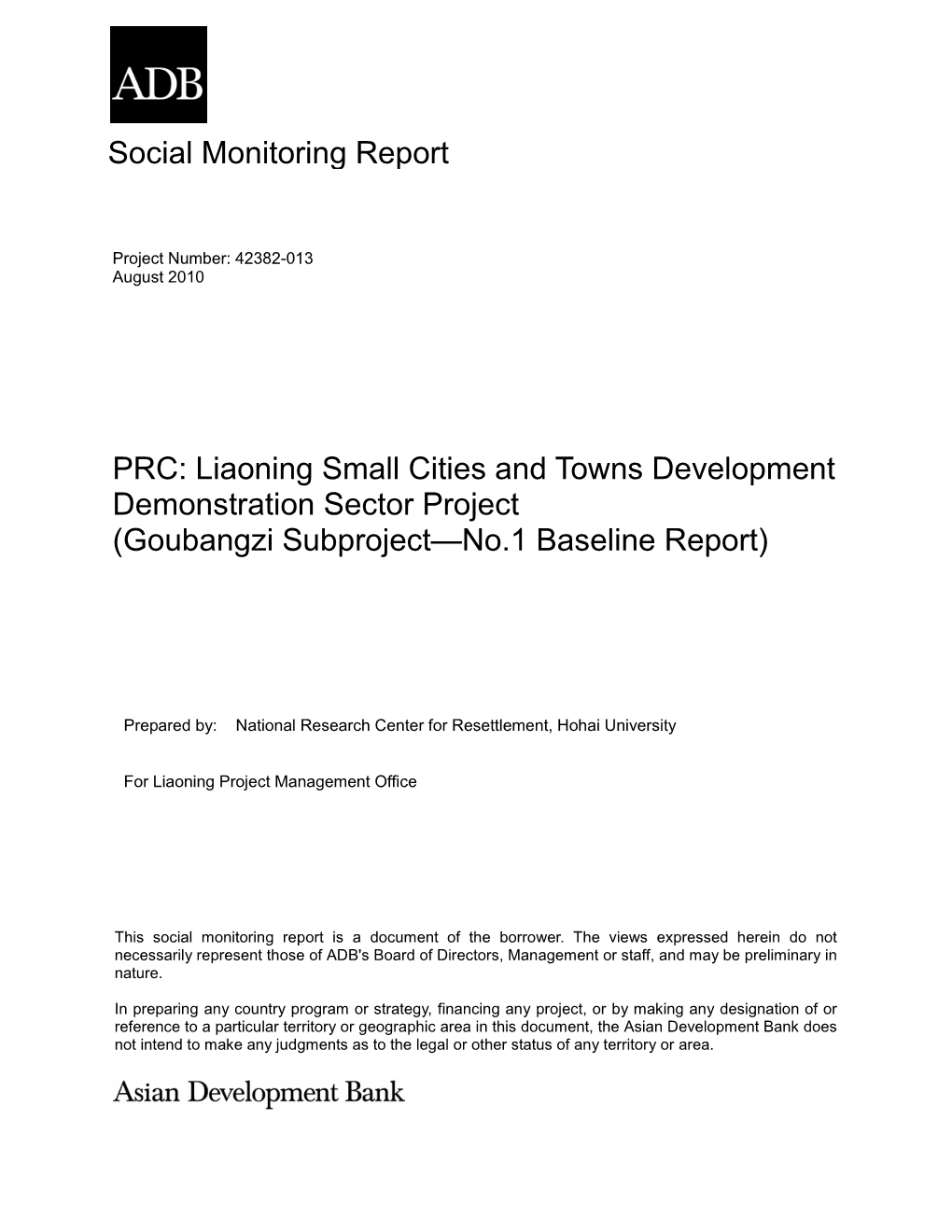 Social Monitoring Report PRC: Liaoning Small Cities and Towns