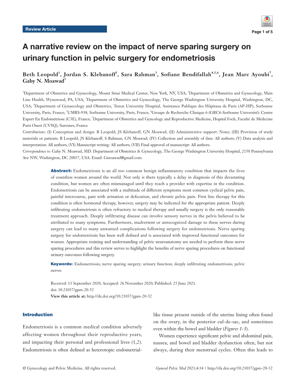 A Narrative Review on the Impact of Nerve Sparing Surgery on Urinary Function in Pelvic Surgery for Endometriosis