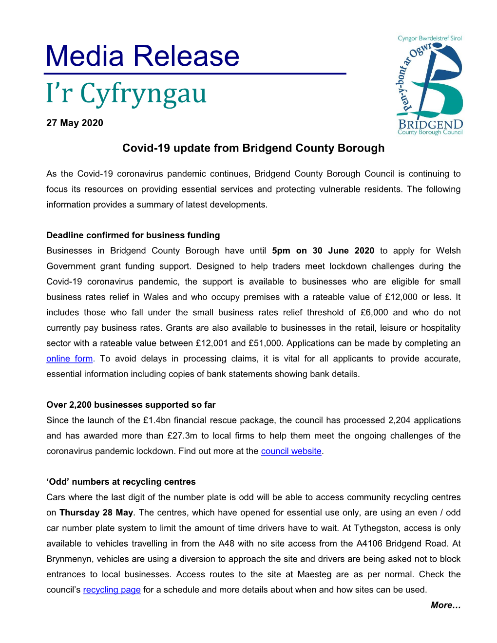 MR 27 05 20 LR Covid-19 Update from Bridgend County Borough