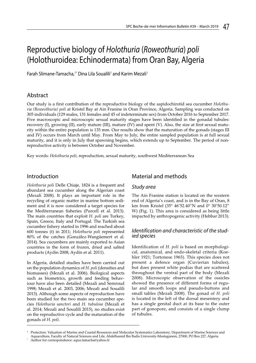 Reproductive Biology of Holothuria (Roweothuria) Poli (Holothuroidea: Echinodermata) from Oran Bay, Algeria
