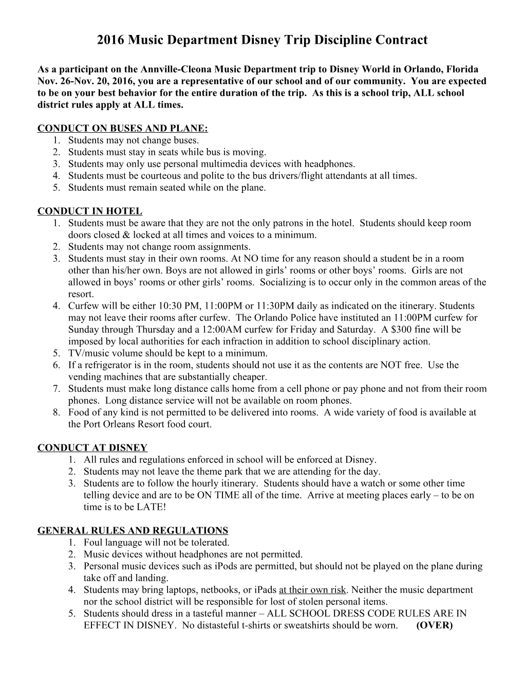 2016 Music Department Disney Trip Discipline Contract