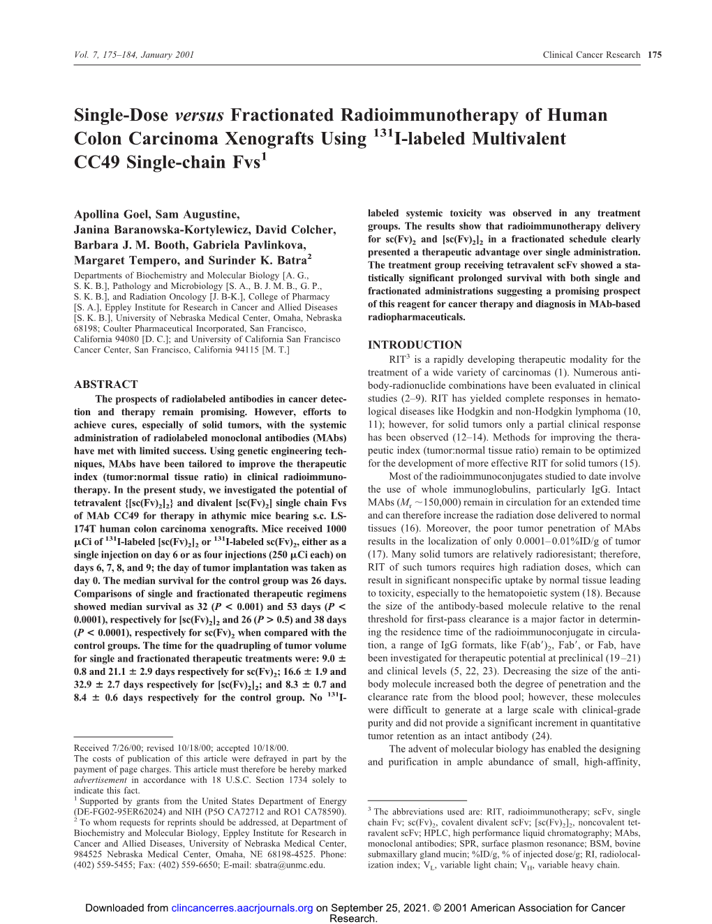 Single-Dose Versus Fractionated Radioimmunotherapy of Human Colon Carcinoma Xenografts Using 131I-Labeled Multivalent CC49 Single-Chain Fvs1