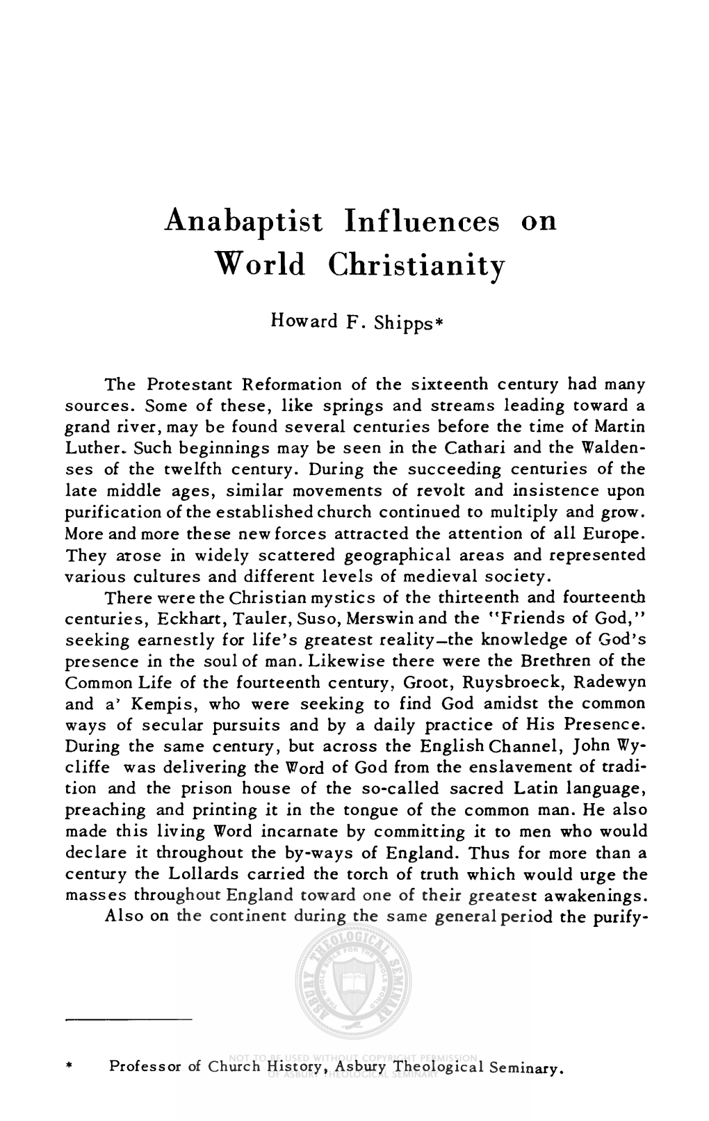 Anabaptist Influences on World Christianity