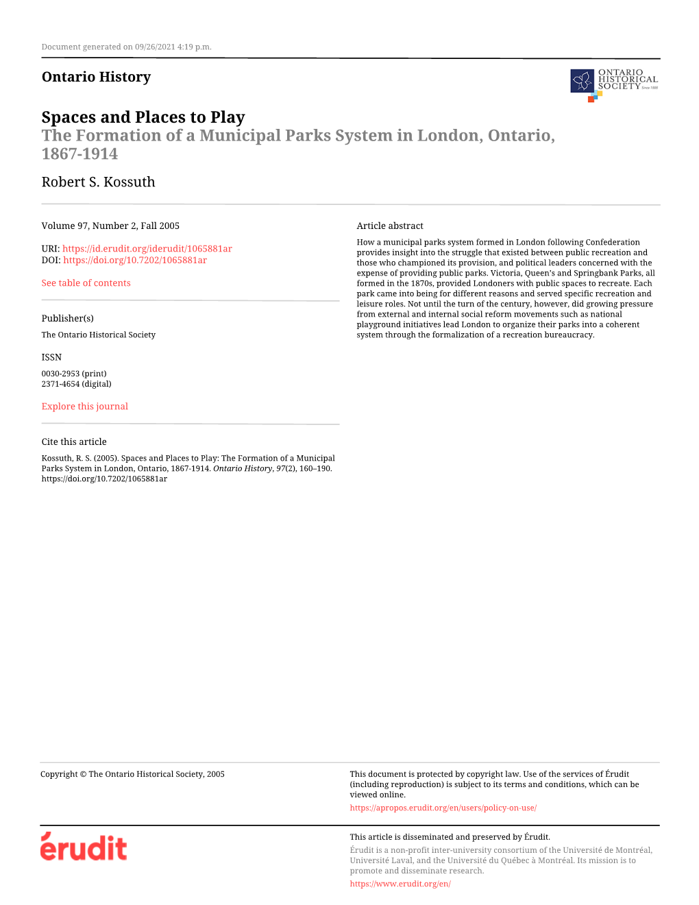 Spaces and Places to Play: the Formation of a Municipal Parks System in London, Ontario, 1867-1914