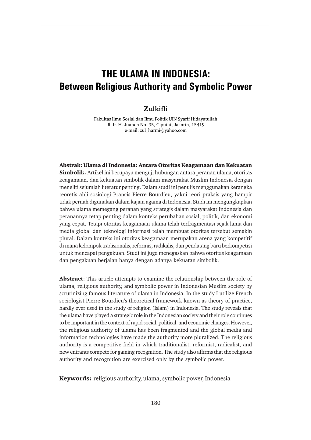 THE ULAMA in INDONESIA: Between Religious Authority and Symbolic Power