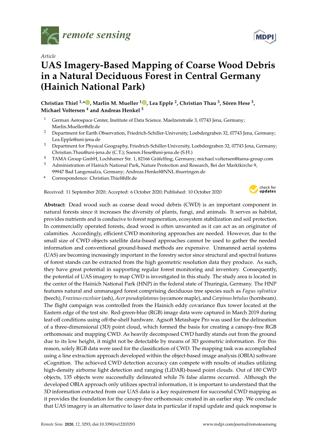 UAS Imagery-Based Mapping of Coarse Wood Debris in a Natural Deciduous Forest in Central Germany (Hainich National Park)
