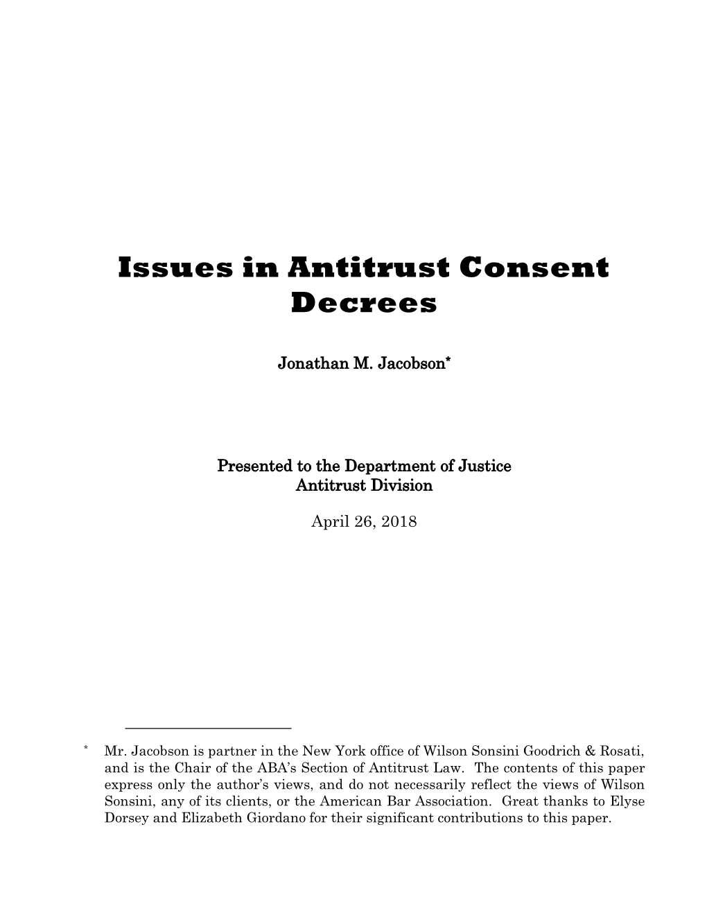 Issues in Antitrust Consent Decrees