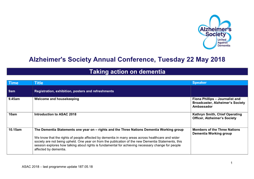Alzheimer's Society Annual Conference, Tuesday 22 May 2018