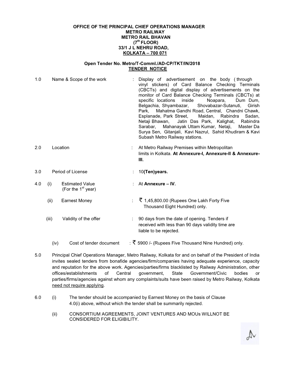 OFFICE of the PRINCIPAL CHIEF OPERATIONS MANAGER METRO RAILWAY METRO RAIL BHAVAN (7Th FLOOR) 33/1 J L NEHRU ROAD, KOLKATA – 700 071