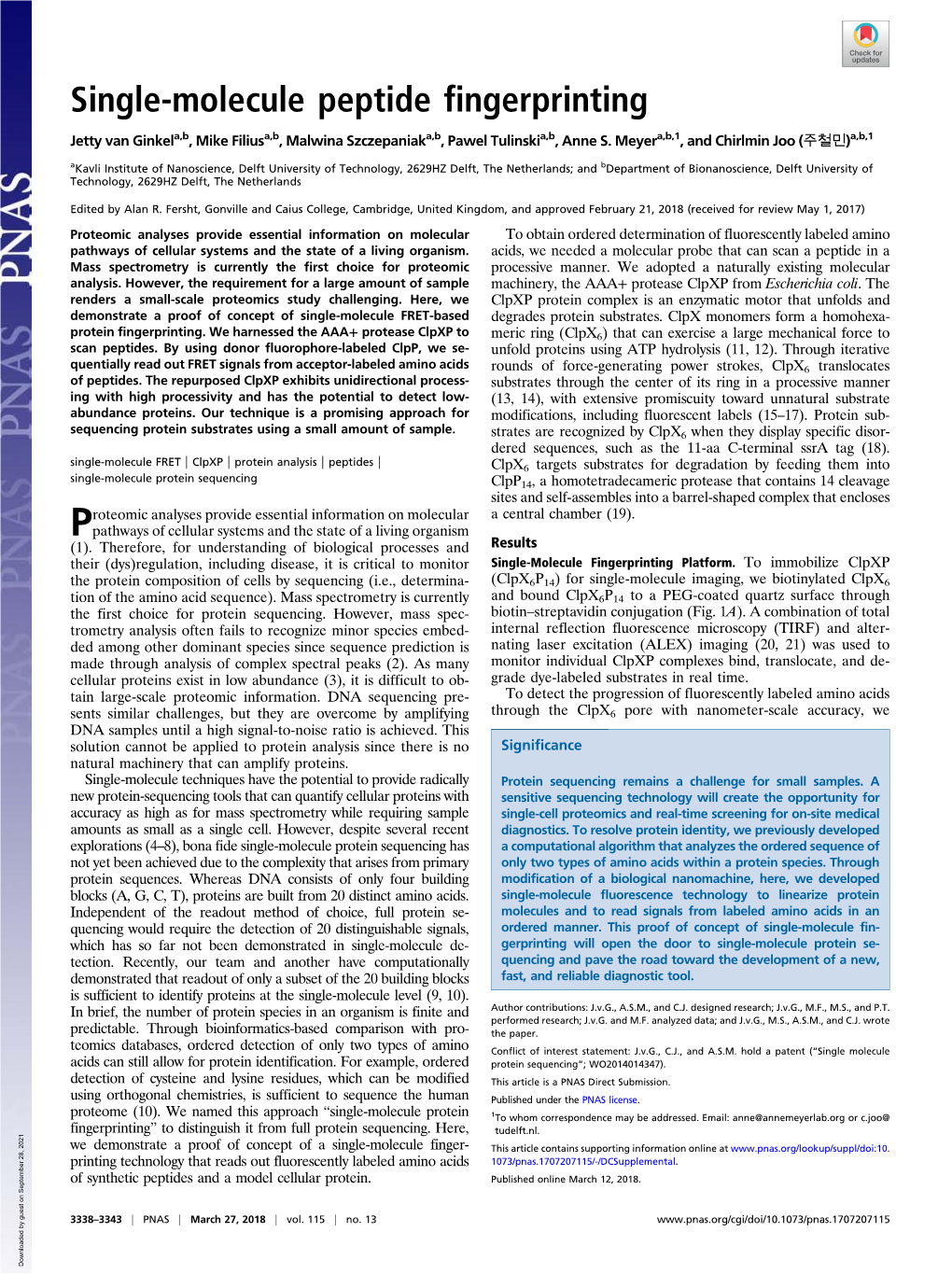 Single-Molecule Peptide Fingerprinting