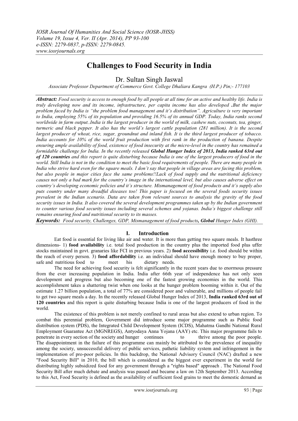 Challenges to Food Security in India