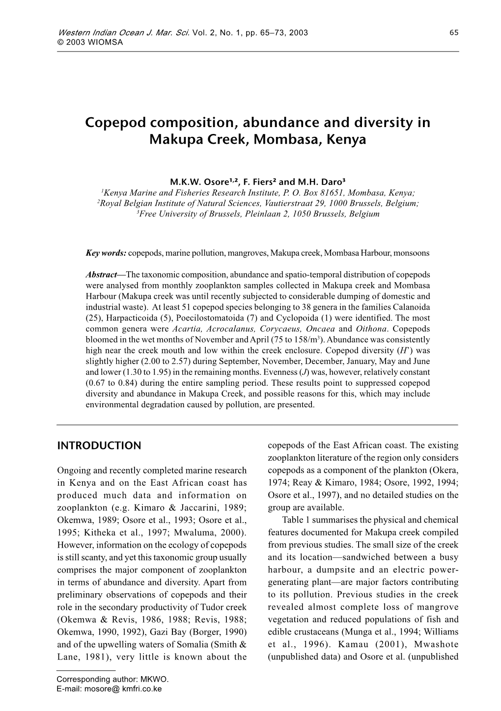 Copepod Composition, Abundance and Diversity in Makupa Creek