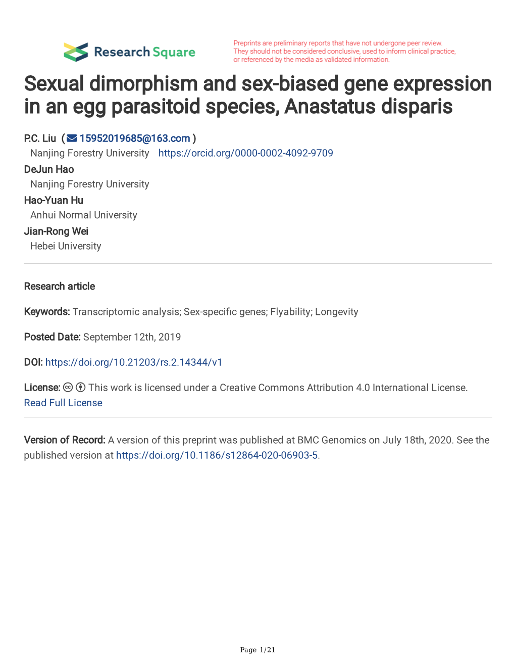 Sexual Dimorphism and Sex-Biased Gene Expression in an Egg Parasitoid Species, Anastatus Disparis