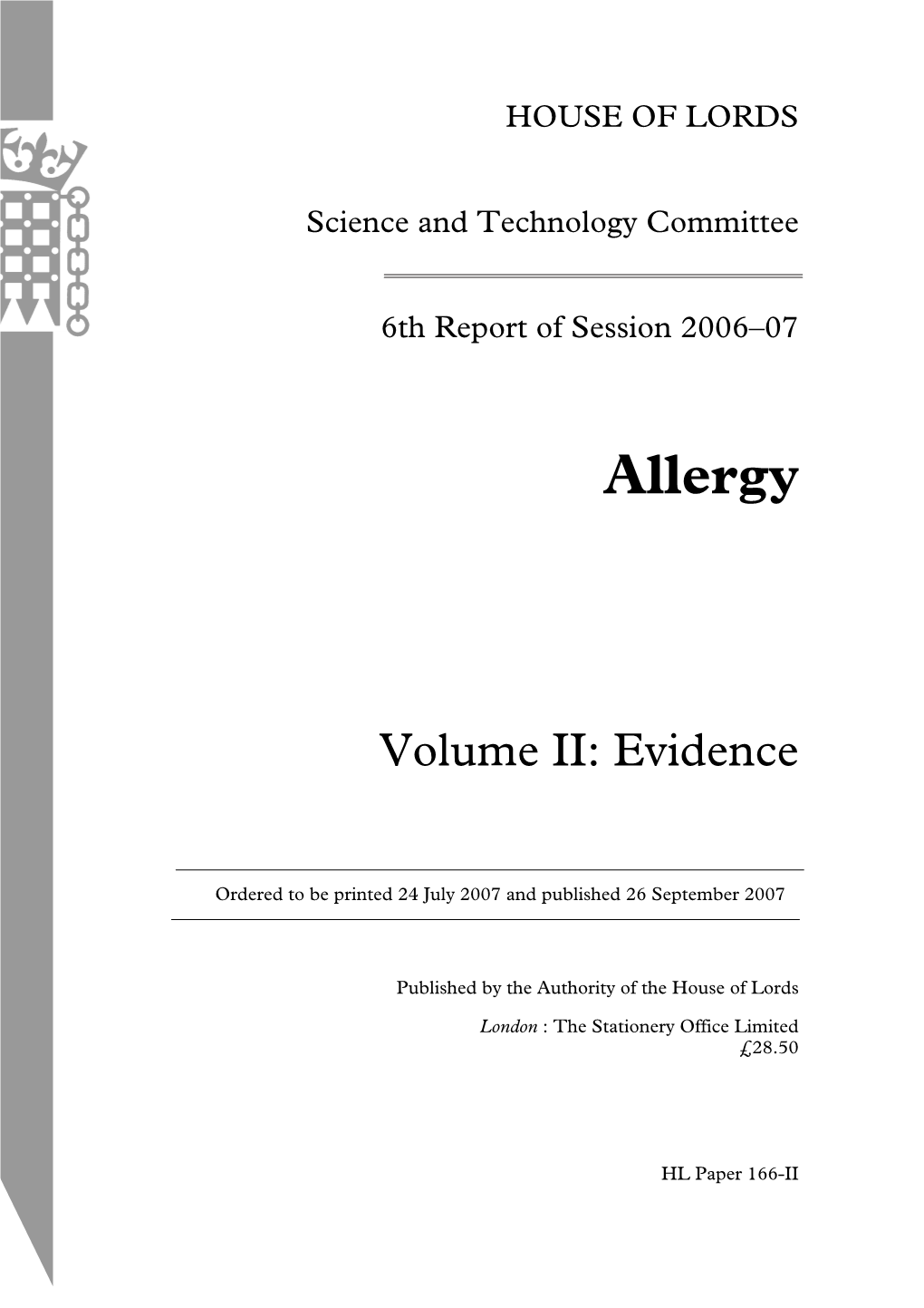 House of Lords – Allergy Report 2007 – Evidence