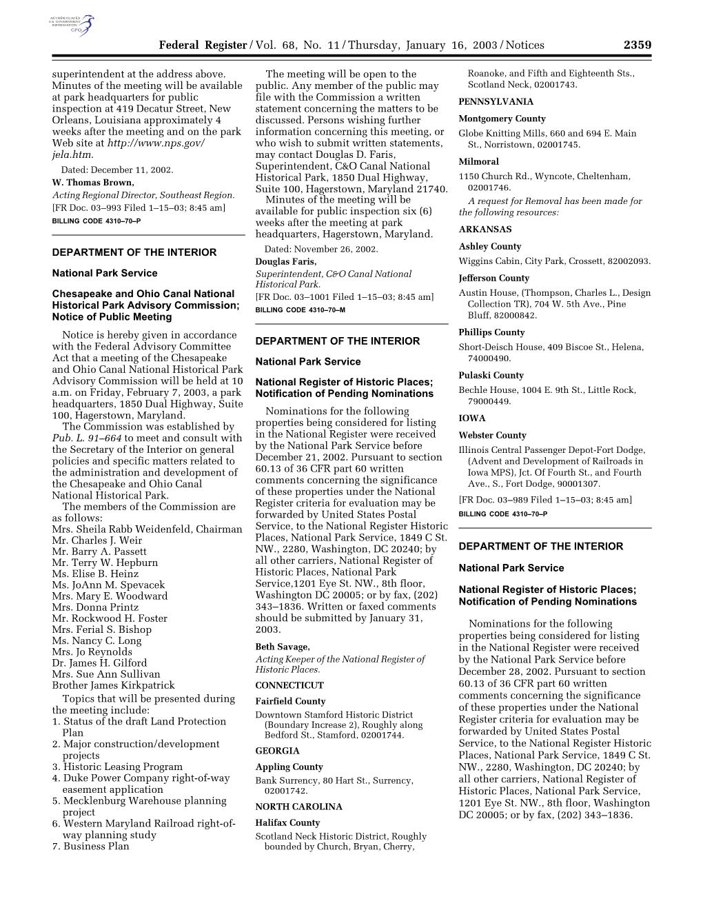 Federal Register/Vol. 68, No. 11/Thursday, January 16, 2003