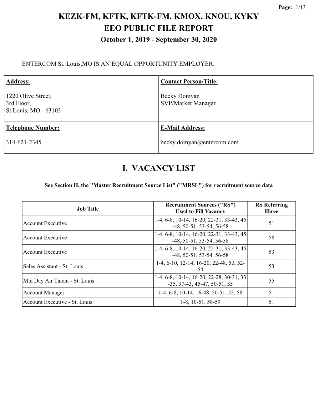 KEZK-FM, KFTK, KFTK-FM, KMOX, KNOU, KYKY EEO PUBLIC FILE REPORT October 1, 2019 - September 30, 2020