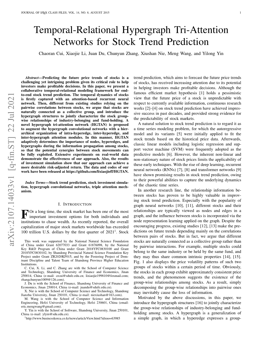 Temporal-Relational Hypergraph Tri-Attention Networks for Stock