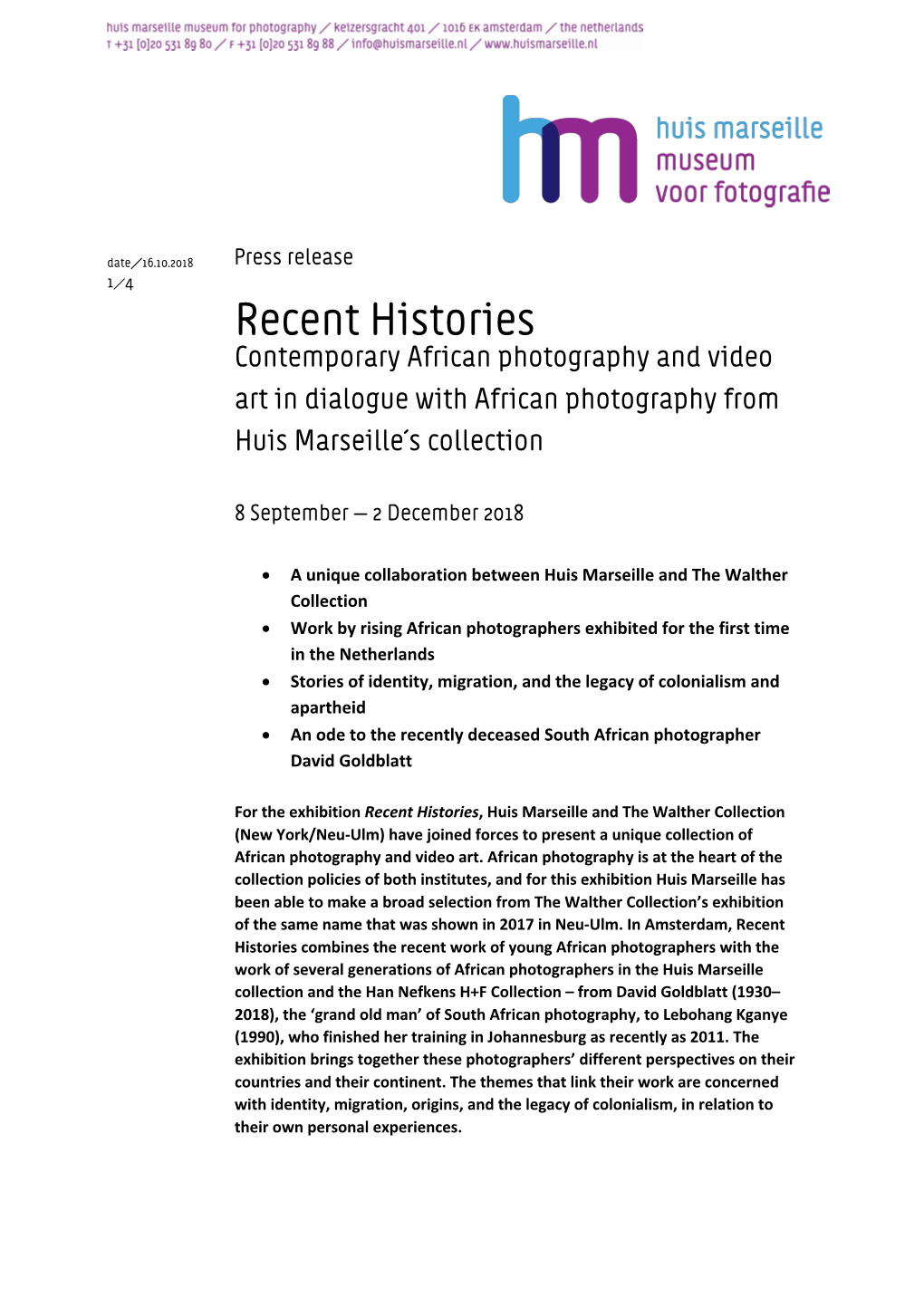 Recent Histories Contemporary African Photography and Video Art in Dialogue with African Photography from Huis Marseille’S Collection