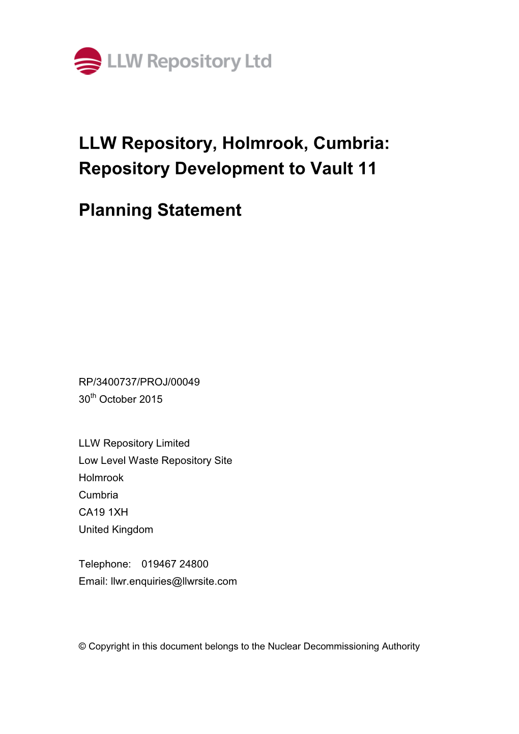 LLW Repository, Holmrook, Cumbria: Repository Development to Vault 11