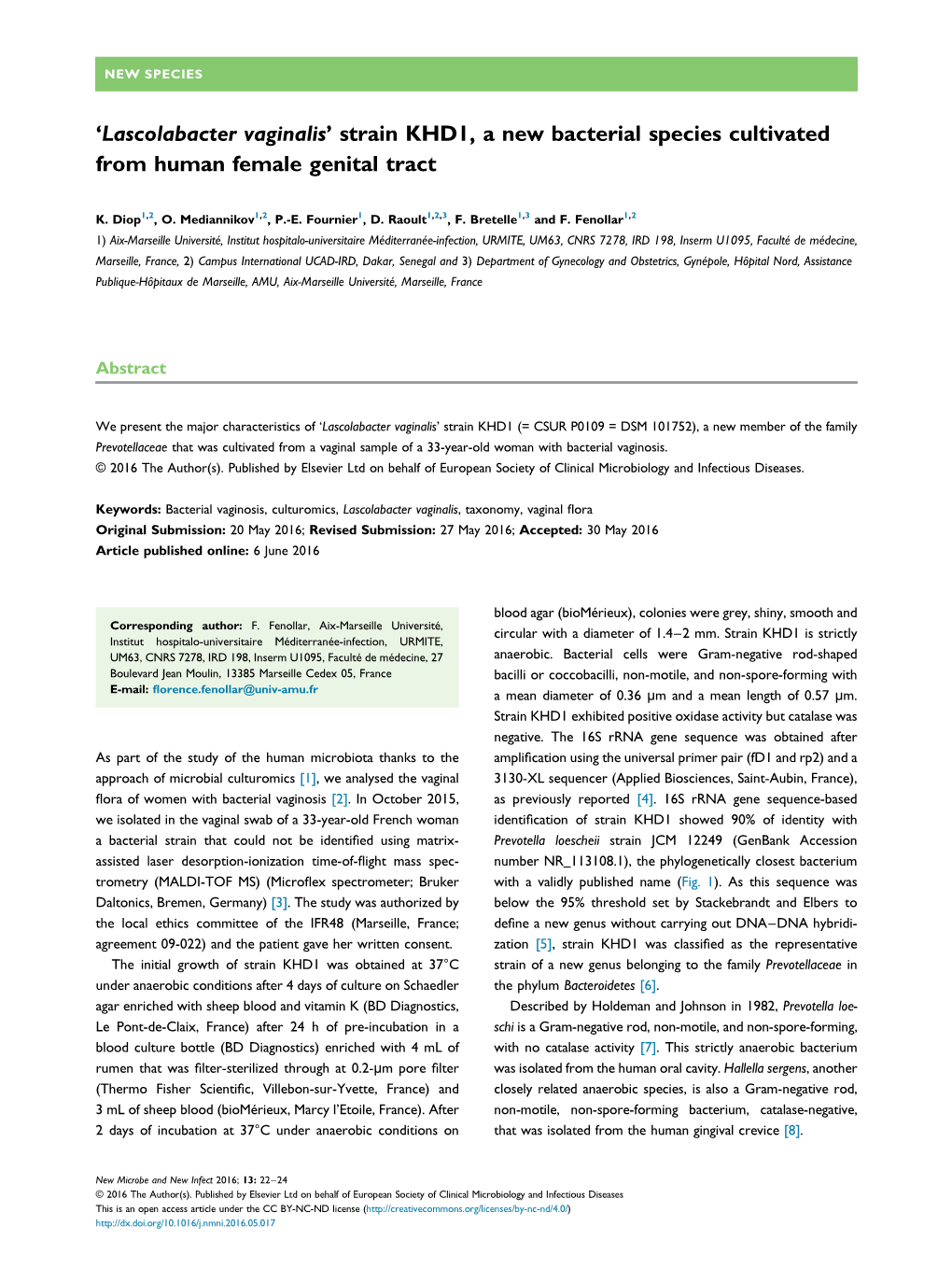 `Lascolabacter Vaginalis' Strain KHD1, a New Bacterial Species Cultivated from Human Female Genital Tract