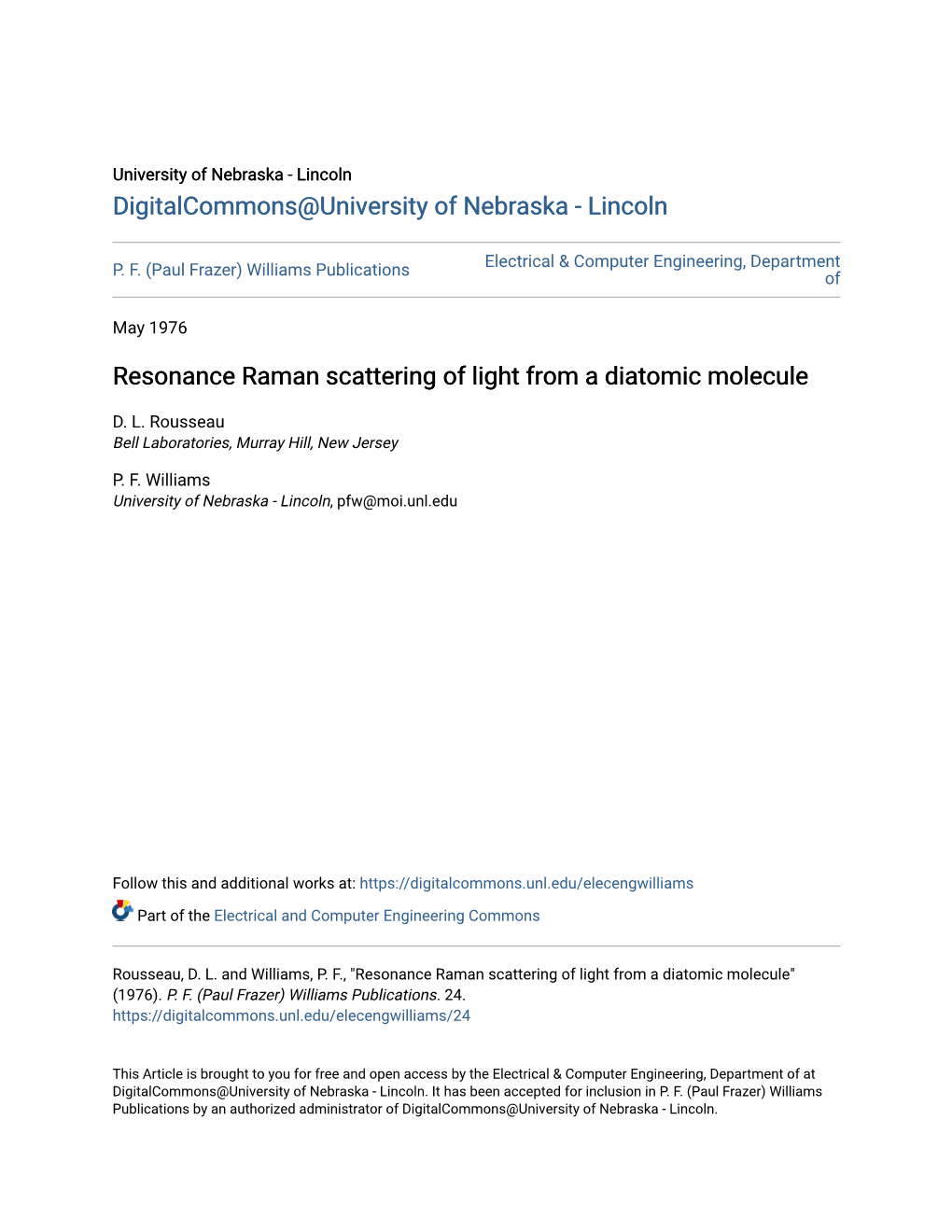 Resonance Raman Scattering of Light from a Diatomic Molecule