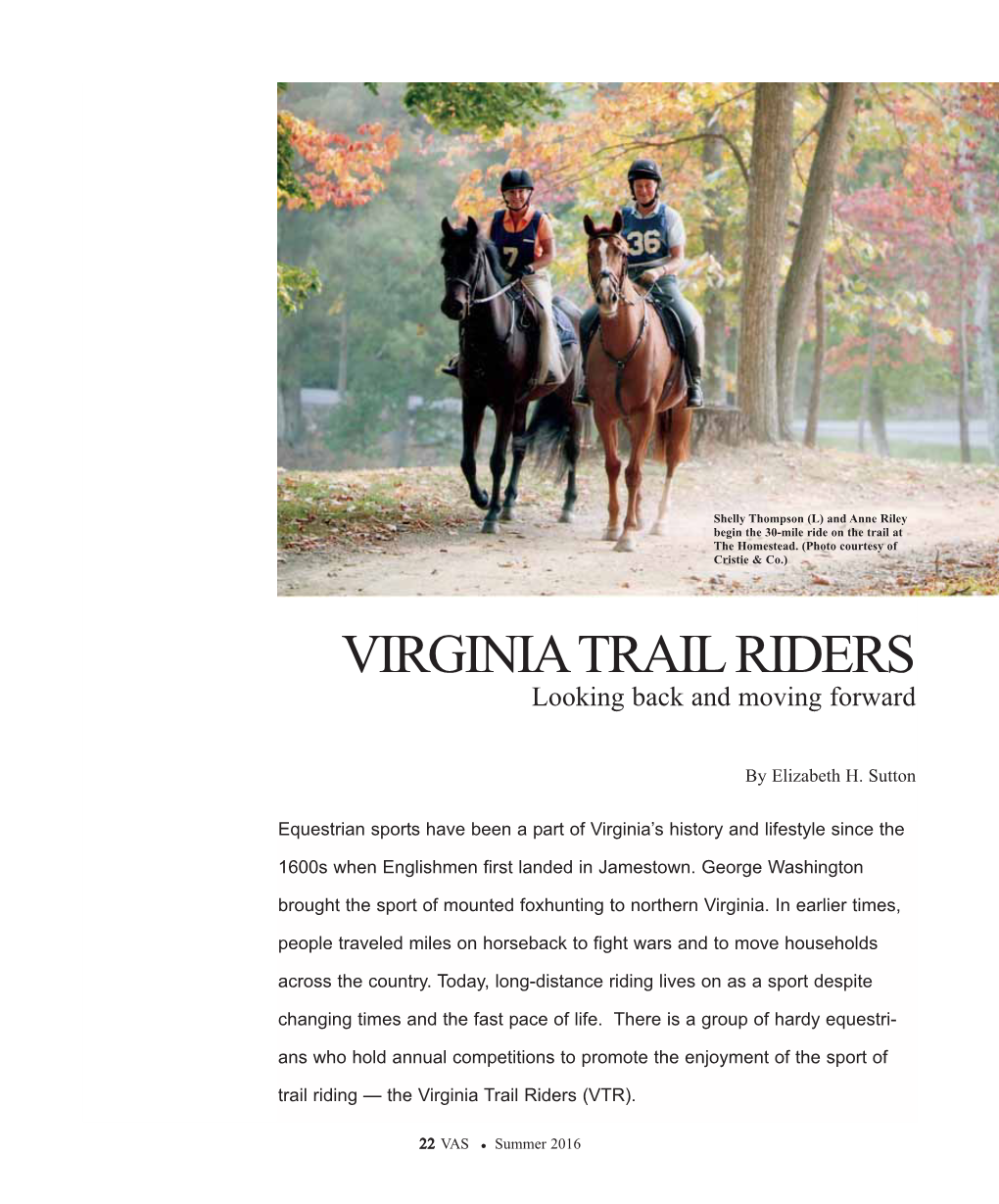 VIRGINIA TRAIL RIDERS Looking Back and Moving Forward